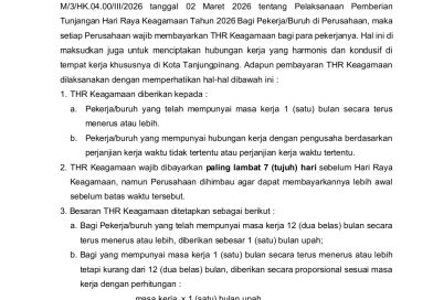 Pemko Tanjungpinang Terbitkan SE THR 2026, Perusahaan Wajib Bayar Paling Lambat 7 Hari Sebelum Lebaran