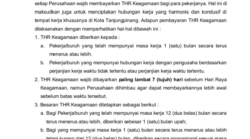 Pemko Tanjungpinang Terbitkan SE THR 2026, Perusahaan Wajib Bayar Paling Lambat 7 Hari Sebelum Lebaran