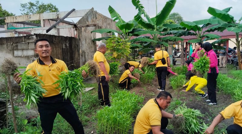 Polsek Dabo Singkep Panen 25 Kilogram Kangkung, Hasilnya Dibagikan kepada Warga