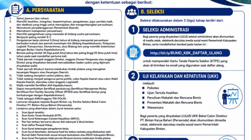 Pemkab Bintan Buka Seleksi Bakal Calon Komisaris dan Direktur BUMD PT. Bintan Karya Bahari